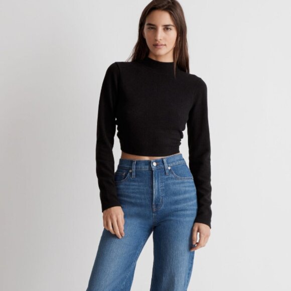 NWT Madewell Ribbed Mockneck Open-Back Crop Top Black Size Small - Picture 2 of 5